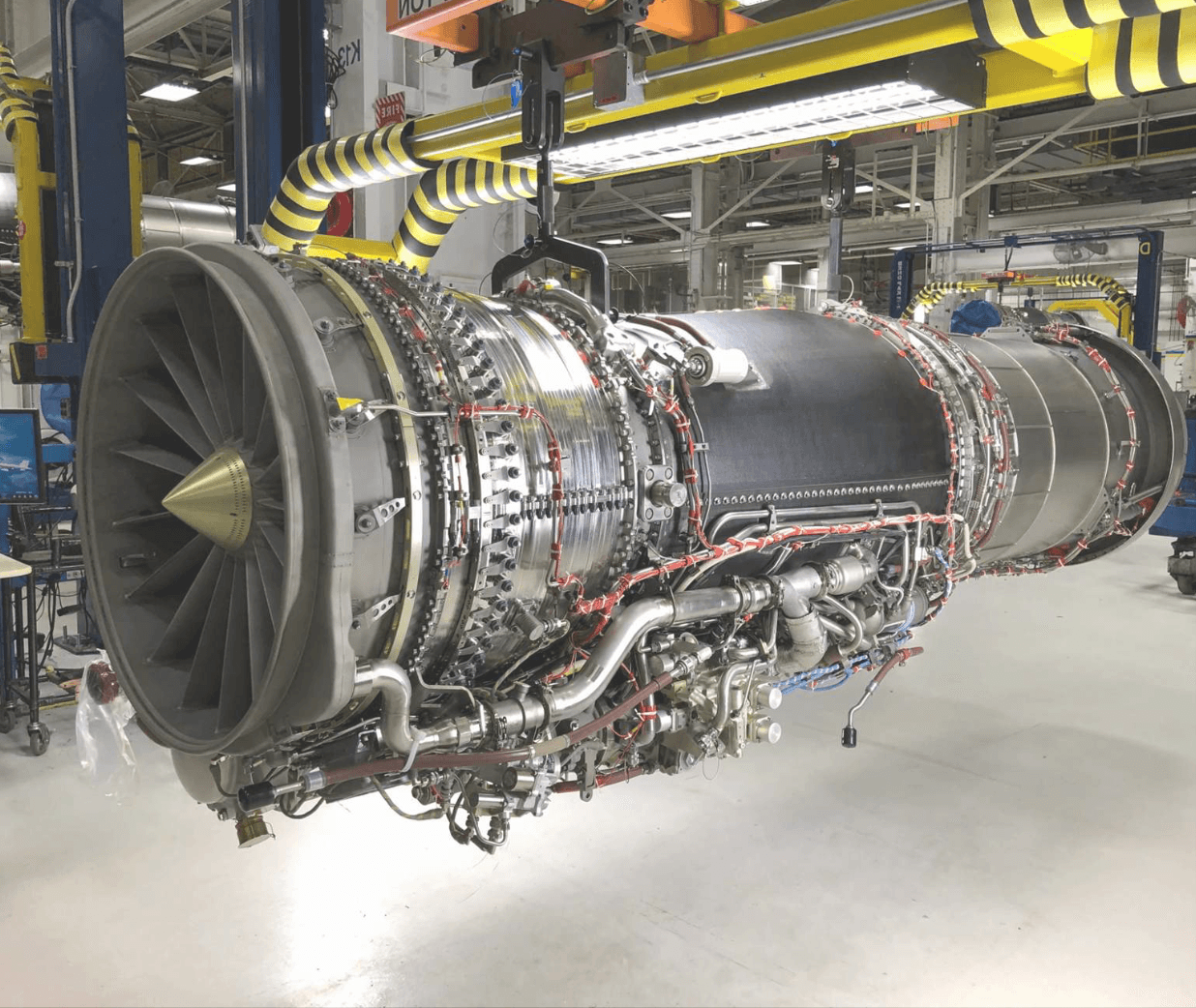 A large aircraft engine being serviced